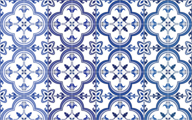 Traditional ornate portuguese tiles azulejos, 4 tone variations in blue. Vintage pattern. Abstract background. Vector illustration, eps.
- 92504302
