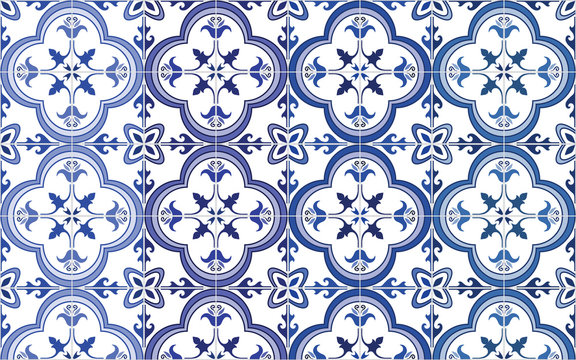 Traditional ornate portuguese tiles azulejos, 4 tone variations in blue. Vintage pattern. Abstract background. Vector illustration, eps. 
