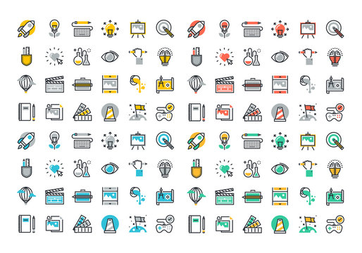 Flat line colorful icons collection of creative process, design, art, movie, making and editing of photography, literature, painting, product development, artist portfolio.