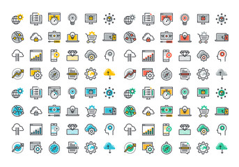 Flat line colorful icons collection of website and app development, seo, website maintenance, online security, cloud computing, web programming process, API interface coding, mobile app UI making.