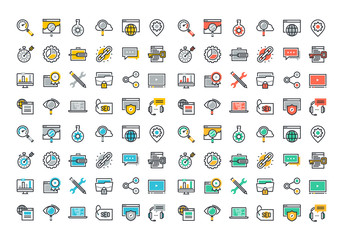 Flat line colorful icons collection of SEO, cloud computing technology, traffic growth, rank result, keywording and link building, global network connection, data protection, digital marketing.