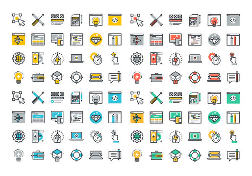 Flat line colorful icons collection of web design and development, responsive design, app development, online security, web programming, mobile website development.
