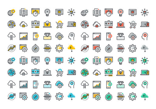 Flat line colorful icons collection of website and app development, seo, website maintenance, online security, cloud computing, web programming process, API interface coding, mobile app UI making.