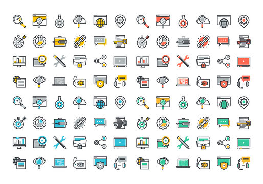Flat line colorful icons collection of SEO, cloud computing technology, traffic growth, rank result, keywording and link building, global network connection, data protection, digital marketing.