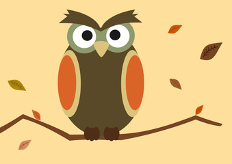 Fototapeta premium cartoon owl on branch with autumn leaf vector background illustration