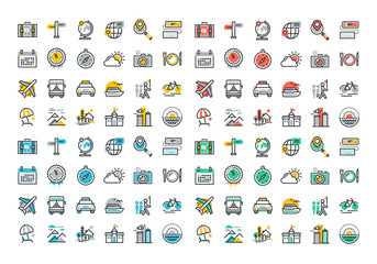 Flat line colorful icons collection of travel and tourism theme, holiday trip planning, online travel services, tour organization, air travel to cruise, summer and winter vacation, city break.