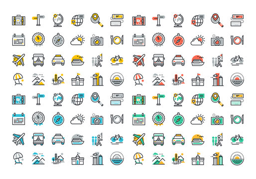 Flat line colorful icons collection of travel and tourism theme, holiday trip planning, online travel services, tour organization, air travel to cruise, summer and winter vacation, city break.