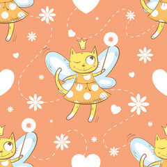 Vector seamless pattern with fairies cats, hearts and  flowers on a pink  background.