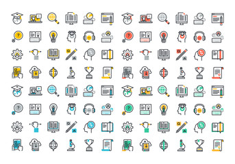 Flat line colorful icons collection of global education, e-learning, online training and courses, video tutorials, staff training, digital library, retraining and specialization.