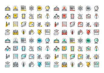 Flat line colorful icons collection of education and knowledge theme, basic and elementary study, university and college courses, distance education, webinar audio course, literature and e-book.