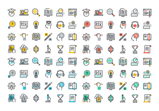 Flat line colorful icons collection of global education, e-learning, online training and courses, video tutorials, staff training, digital library, retraining and specialization.