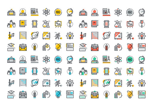 Flat line colorful icons collection of education and knowledge theme, basic and elementary study, university and college courses, distance education, webinar audio course, literature and e-book.