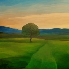 single watercolor tree oil paint at sunset time 