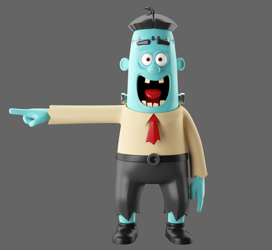 3D Halloween party cartoon icon frankenstein, funny scary man character, zombie figure