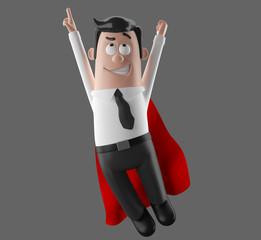 3D funny cartoon character illustration office man in suit isolated, red cape 