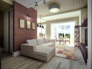3D Visualization of a living room with a brick wall