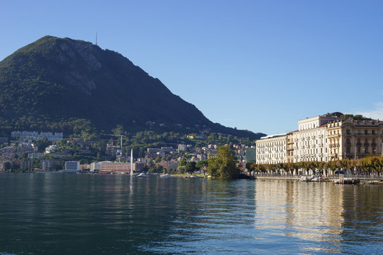 View of Paradiso district of Lugano and San Salvatore Mountain, Switzerland