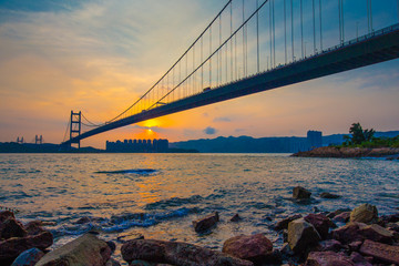Fototapeta na wymiar Tsing Ma Bridge of Hong Kong at Sunset