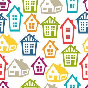Town seamless pattern with cottages and houses