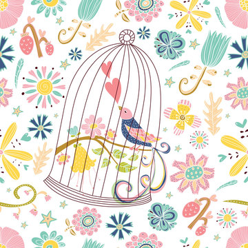  Bird in a cage and flowers. Vector seamless pattern. Seamless pattern can be used for wallpaper, pattern fills, web page background, surface textures.