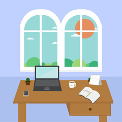Vector flat illustration of modern office, workspace,workplace with computer in room.