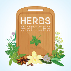 Herbs and spices with wooden chopping board