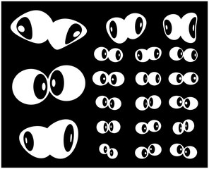 Set of cartoon, silhouette eyes. Vector illustration isolated on black background.