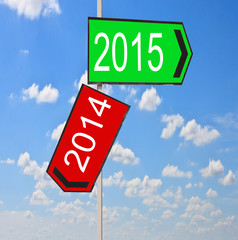 metal road sign with past and future Year numbers over blue sky