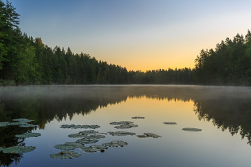 Dawn on the lake with reflection and fog, Finland