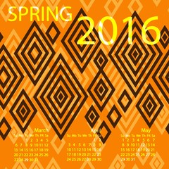 Vector spring calendar 2016. Week starts from Sunday.