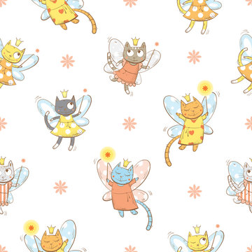 Vector seamless pattern with fairies cats and  flowers on a white  background.