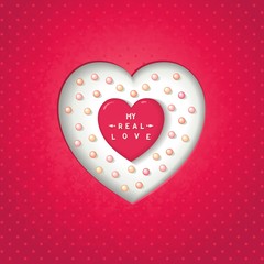 Heart carved in red background with many pearls. My real love lettering. vector eps10