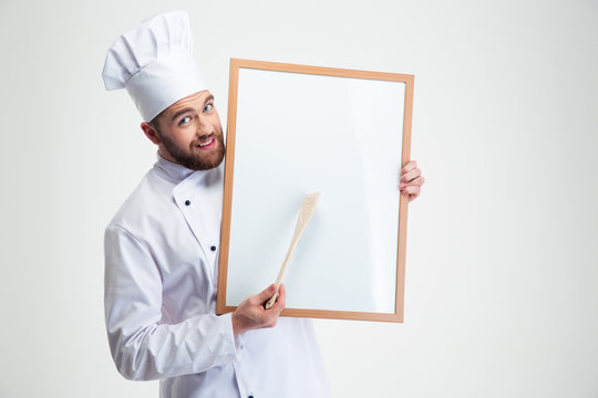 Happy Male Chef Cook Holding Blank Board