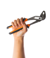 hand holding Pair of steel mole grips with adjustable jaws