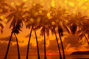 Warm tropical sunset on ocean shore with palm trees silhouette and golden party glamour bokeh overlay, double exposure effect stylized