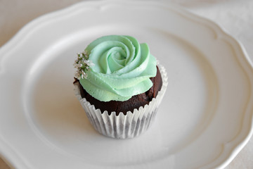 Homemade chocolate cupcake with turquoise rose frosting