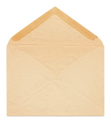 Yellowed paper vinatge envelope back side, open, isolated on white