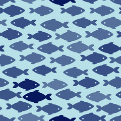 Fototapeta na wymiar Seamless pattern with fish in blue colors. Vector illustration.