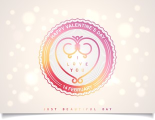 Sunshine joyful badge with beautiful heart and inscription for Valentine's Day on detailed heraldry background. Vector icon eps10