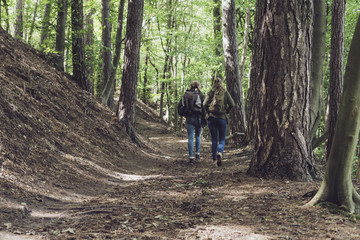 Two women hiking on forest trail. Walking away from camera.