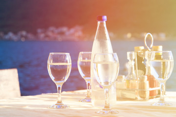 Glassware served in outdoor restaurant on resort