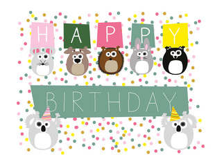 Happy Birthday card with round small animals. Confetti. Vector design.