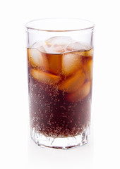 Cola glass with ice cubes on a white background