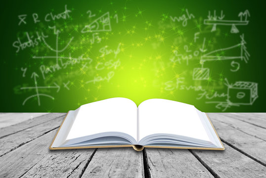 Open book with formulas background