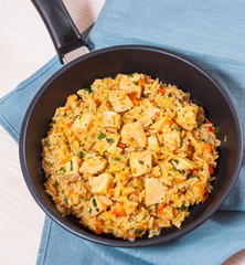Chicken Breast with Rice and vegetables in a frying pan