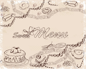 Background with desserts,  hand drawn illustration