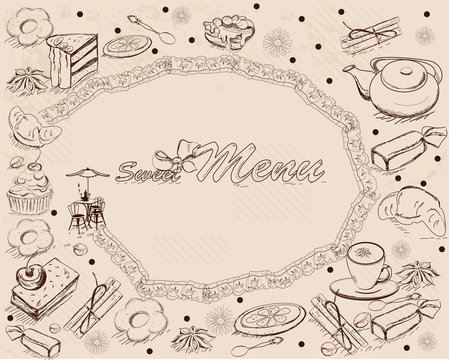 Background with desserts,  hand drawn illustration