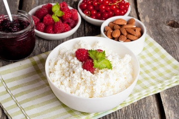 breakfast with fresh homemade cottage cheese with raspberry