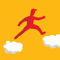 Fototapeta na wymiar Man walking on clouds or jumping