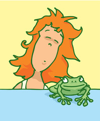 Woman kissing a frog wishing for prince